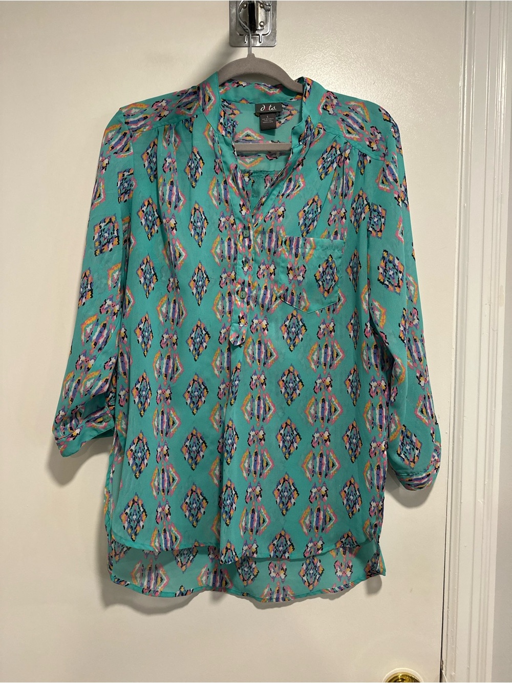 EUC VTG Y2K Dots Sz:L turquoise Colorful Pink Aztec geometric Lightweight blouse